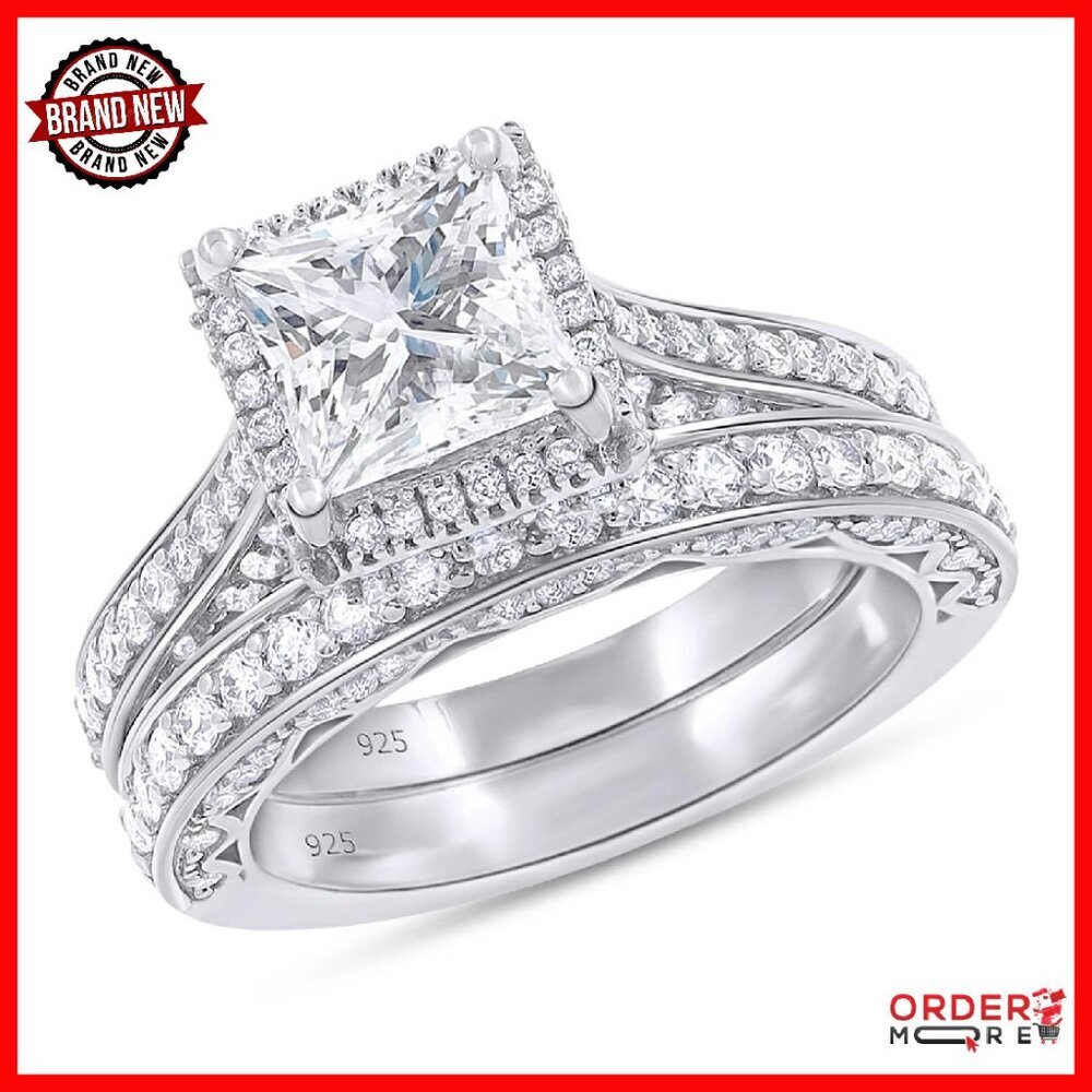 6mm Princess Cut Moissanite Bridal Set Ring 2cttw 14K Gold Plated Sterling